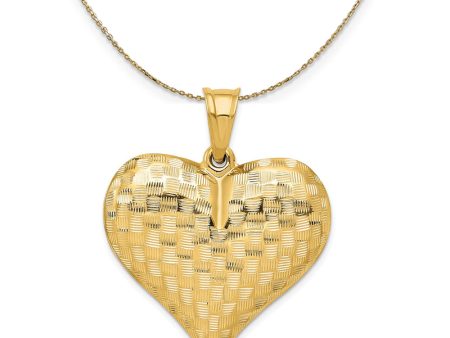 14k Yellow Gold Textured Puff Heart (32mm) Necklace For Sale