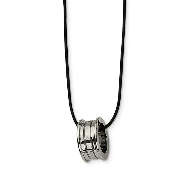 Tungsten Barrel and Black Leather Cord Necklace 18 Inch For Sale