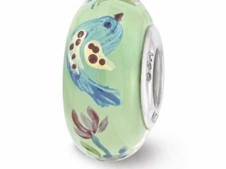 Fenton Green Calico Bird Glass & Sterling Silver Bead Charm Discount